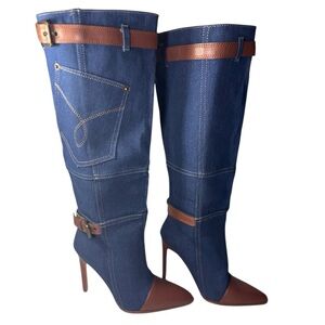 Blue Denim Knee-High Boots with Brown Accents casual party style classic